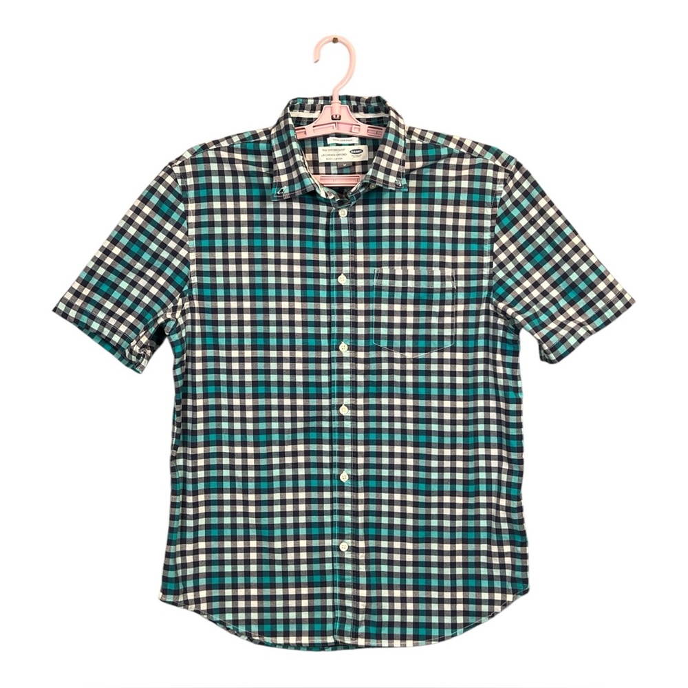 Old Navy Oxford Shirt Mens Slim Fit Blue Plaid Short Sleeve Button Up, Size M
